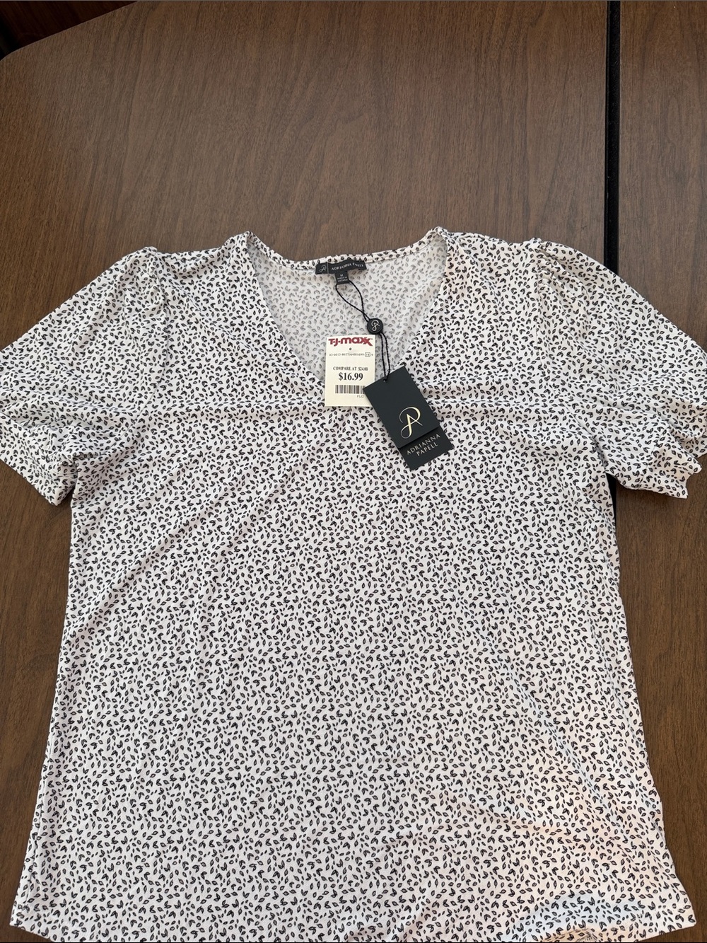Adrianna Papell White V-Neck Tee with Black Micro Leaf Print